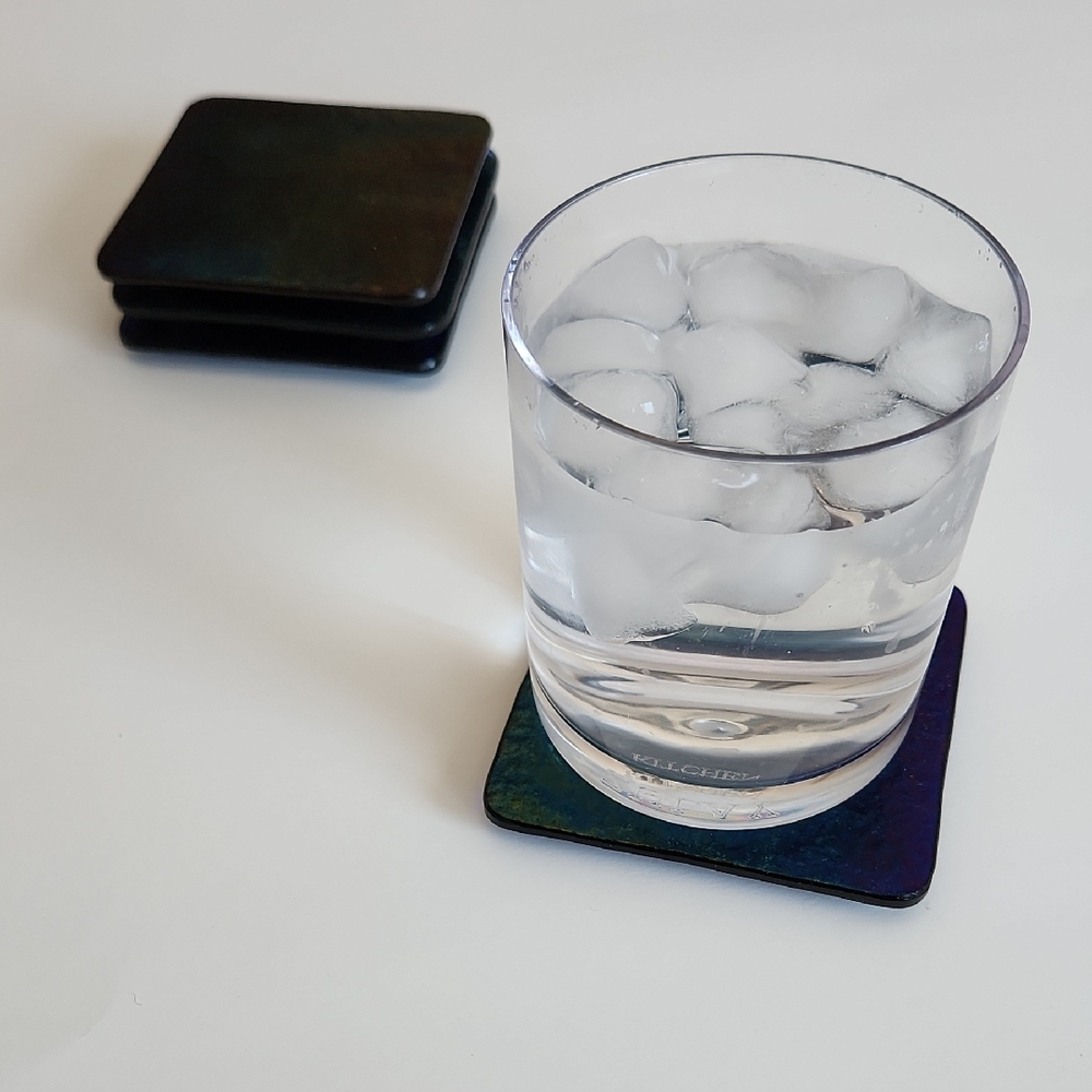 4 Rainbow To Black Dichroic Glass Square Coasters Set With Silicone Feet